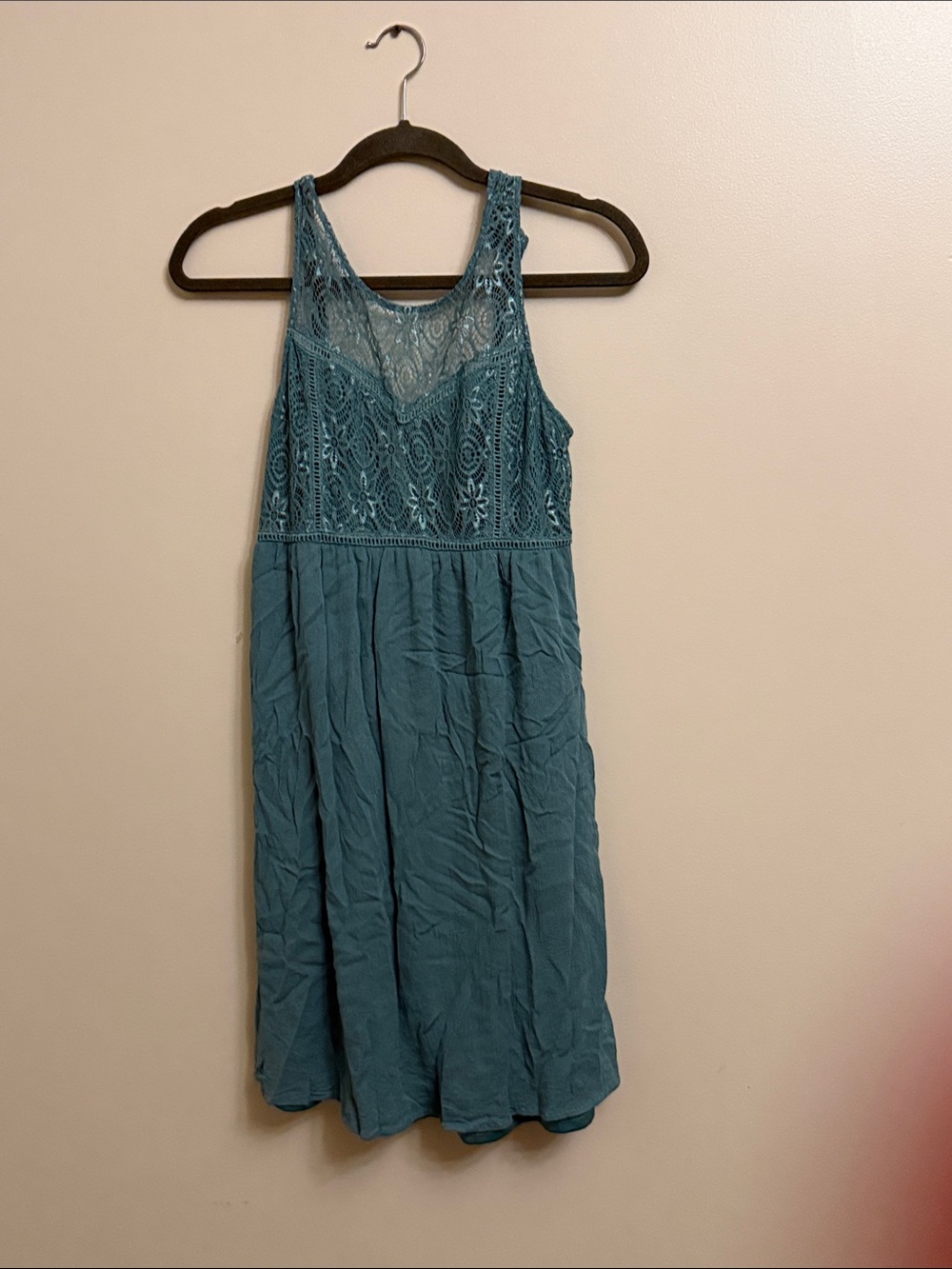 Sleeveless Teal Lace Yoke Mini Dress